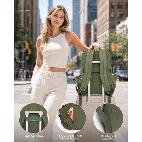 AiryLeben 25L Travel Backpack for Women Men, Lightweight College Backpack, Green, Casual Daypack, Water Resistant Bookbag, Fit 15.6-inch Laptop, Travel Commuting Gym Hiking Work Bag, TSA Friendly