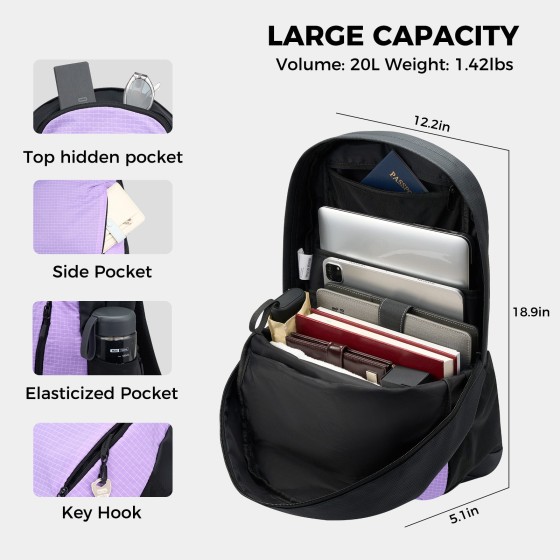 AiryLeben Laptop Backpacks for Men Women Work Lightweight Travel Daypack College 20L, 1.42 lb, 15.6'' Laptop, Water & Wear‑Resistant, Sliding Chest Strap, Side‑Zip Anti‑Theft Pocket
